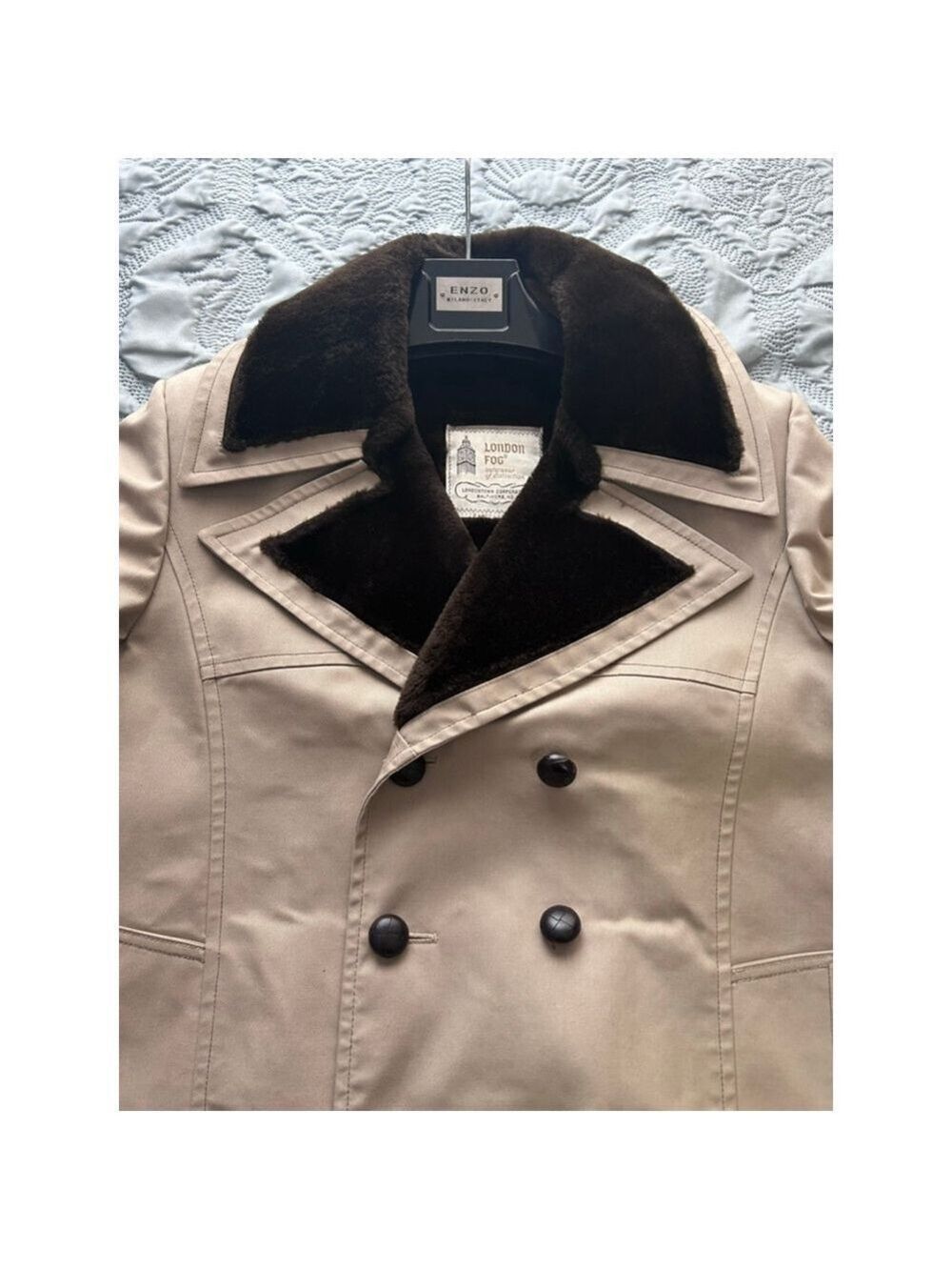 Vintage London Fog Faux Fur Lined Trench Coat Beige 38R Double Breasted - Picture 7 of 15